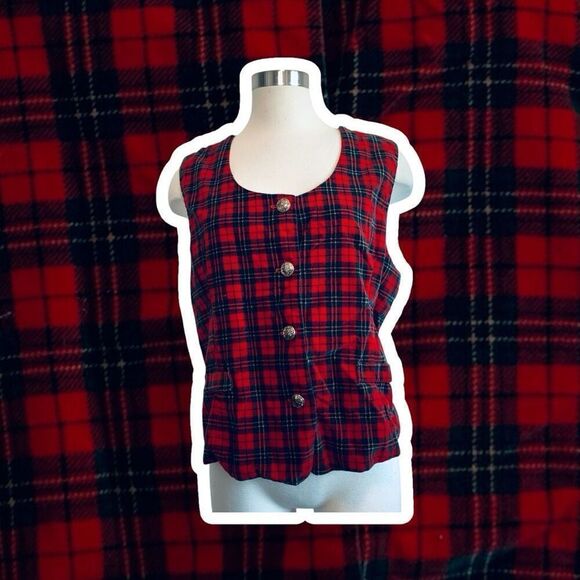 Vintage 1990s Red Velvet Plaid Novelty Vest XL Button Holiday Satin Black - Picture 1 of 5